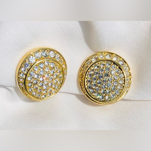 Vintage Christian Dior Crystal Gold Plated Round Clip On Earrings Signed - Picture 2 of 6